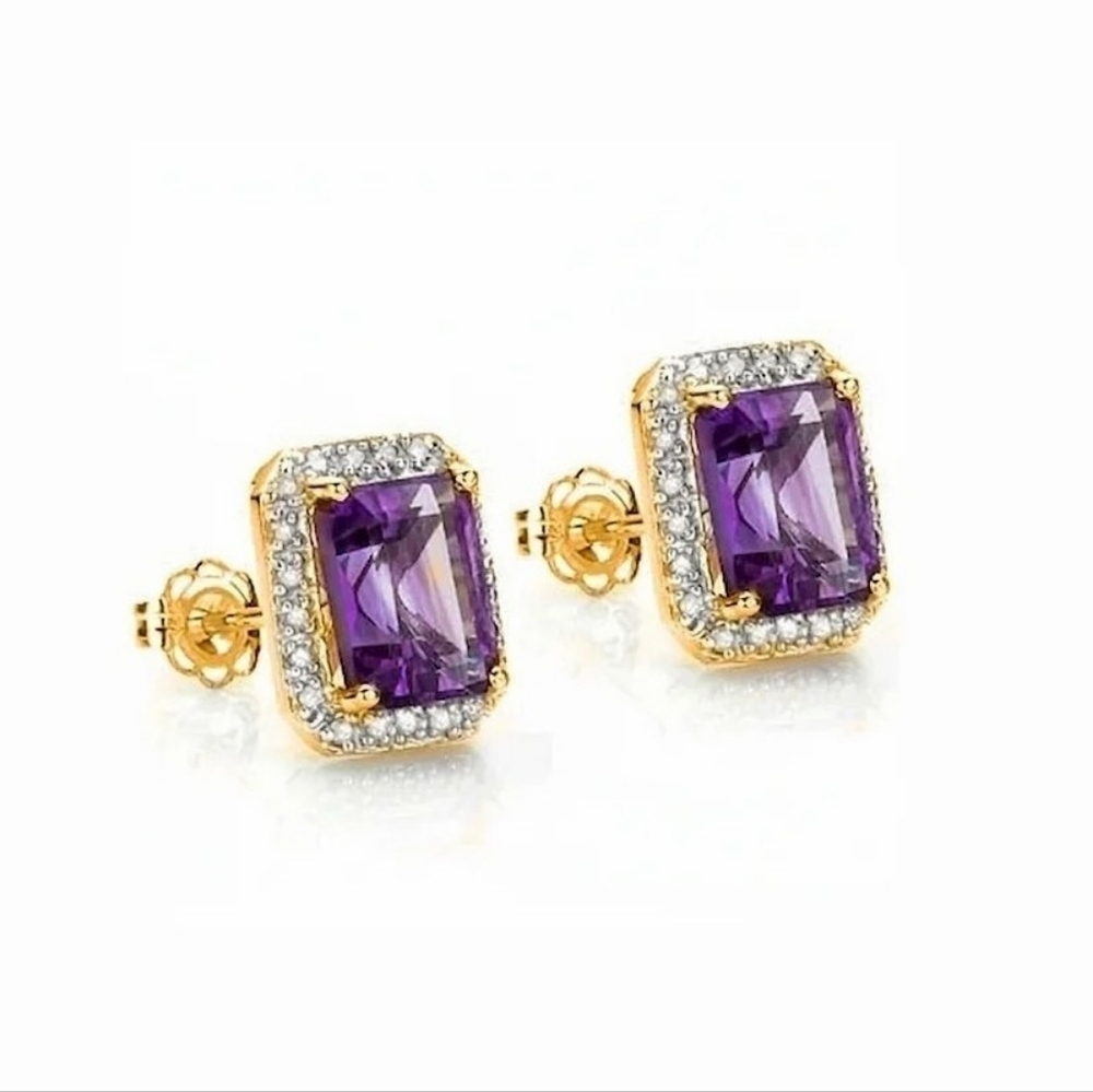 Natural 3.00ctw Amethyst & Moissanite Solid 10K Gold Halo Studs • Appraised